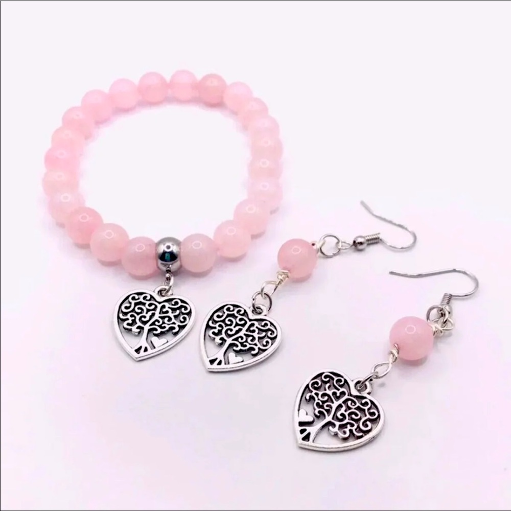 Rose Quartz Gemstone Bracelet + Earrings Set